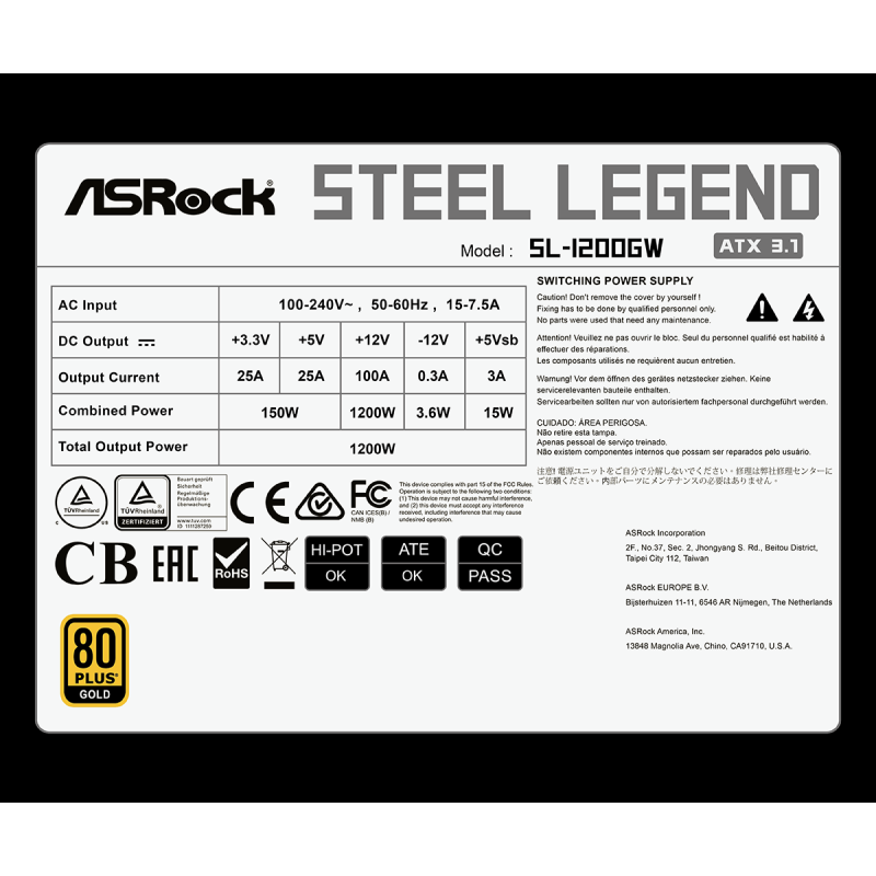 ASRock Steel Legend SL-1200GW 1200W Λευκό Τροφοδοτικό Υπολογιστή Full Modular 80 Plus Gold