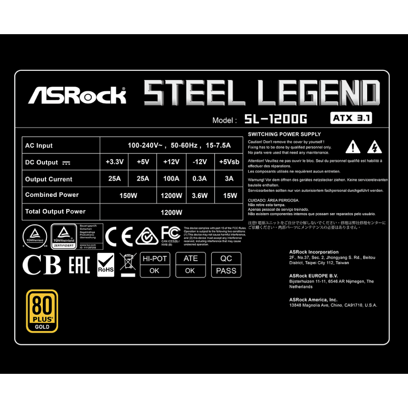 ASRock Steel Legend SL-1200G 1200W Μαύρο Τροφοδοτικό Υπολογιστή Full Modular 80 Plus Gold