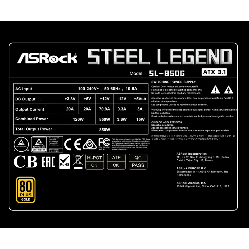 ASRock Steel Legend SL-850G 850W Μαύρο Τροφοδοτικό Υπολογιστή Full Modular 80 Plus Gold