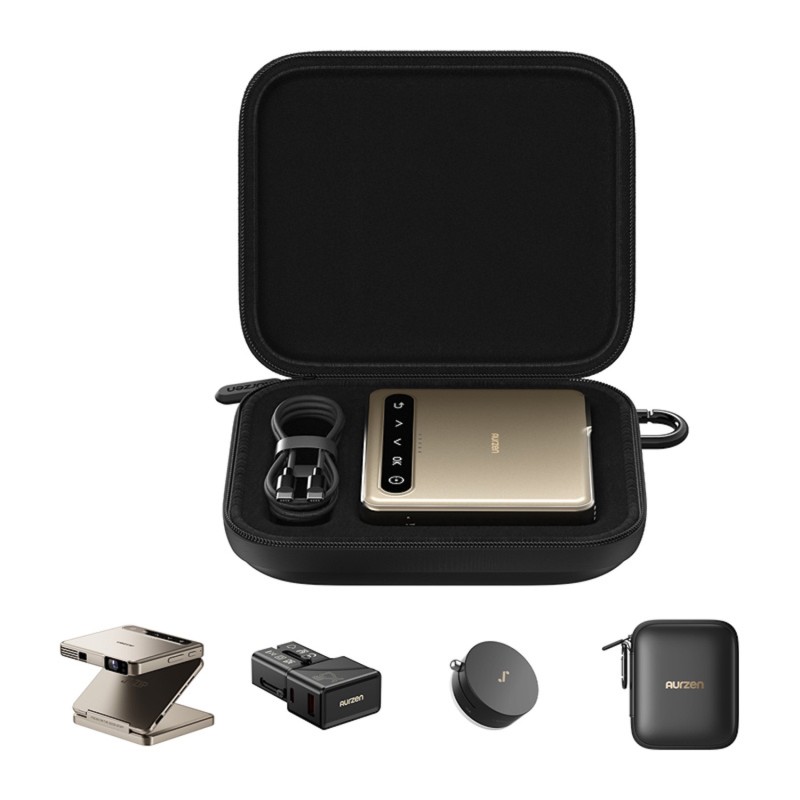 Aurzen ZIP Tri-Fold Portable Mini Projector Gold 4 in 1 Bundle