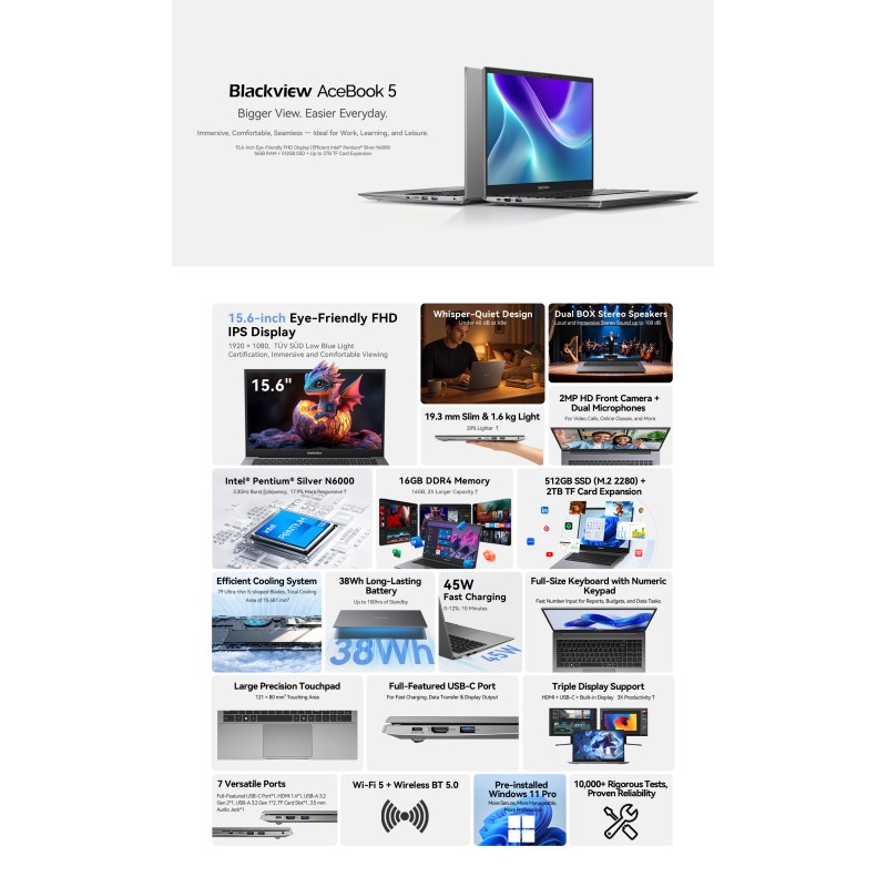 Blackview AceBook 5 – 15.6" | Intel® N6000 | 16GB RAM | 256GB SSD | Windows 11 Pro Blackview AceBook 5 – 15.6" | Intel® N6000 | 16GB RAM | 256GB SSD | Windows 11 Pro