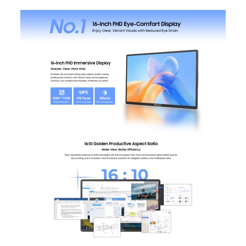 BlackView Table 9 IPS Φορητό Monitor 16" FHD 1920x1200