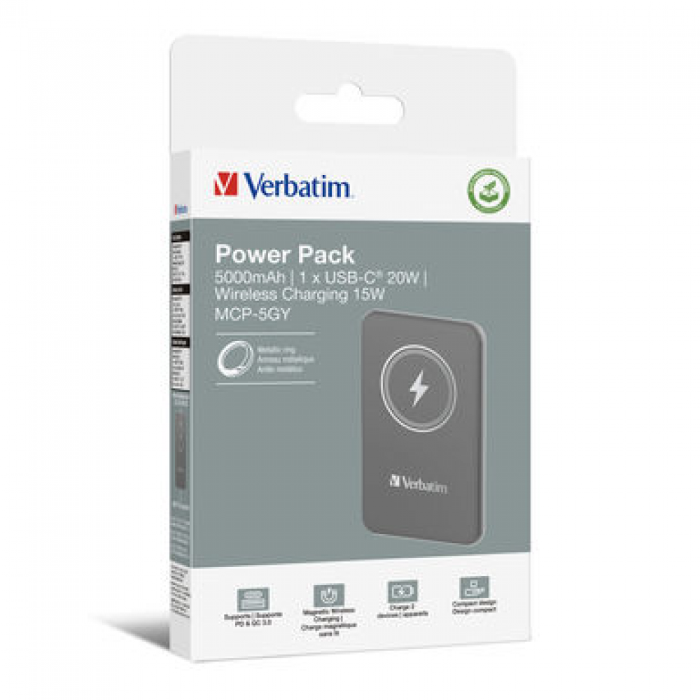 Verbatim Charge 'n' Go Magnetic Wireless Power Bank 5000 mAh Grey