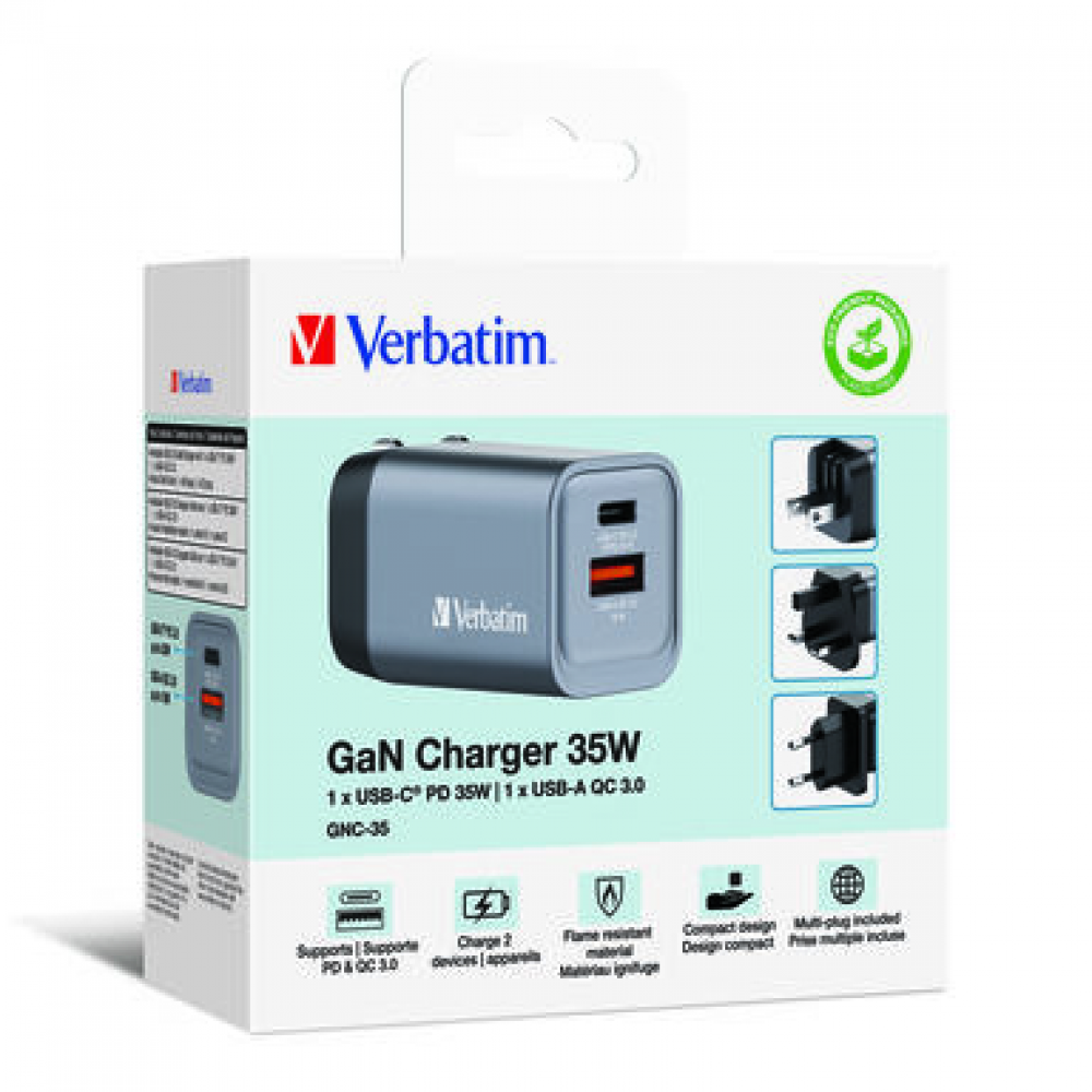 Verbatim GaN USB-A και USB-C 35W Power Delivery / Quick Charge 3.0 Gray 