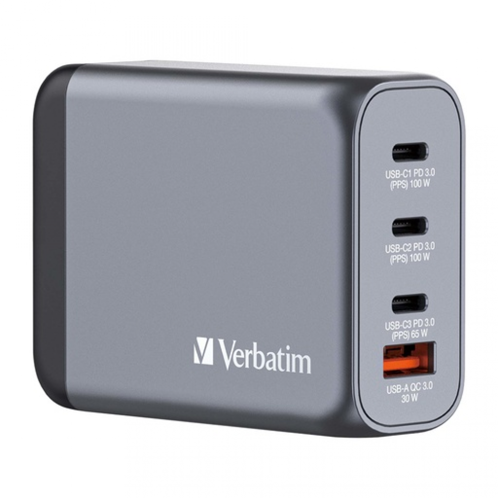 Verbatim GaN USB-A και 3 Θύρες USB-C 140W Power Delivery / Quick Charge 3.0 Gray 