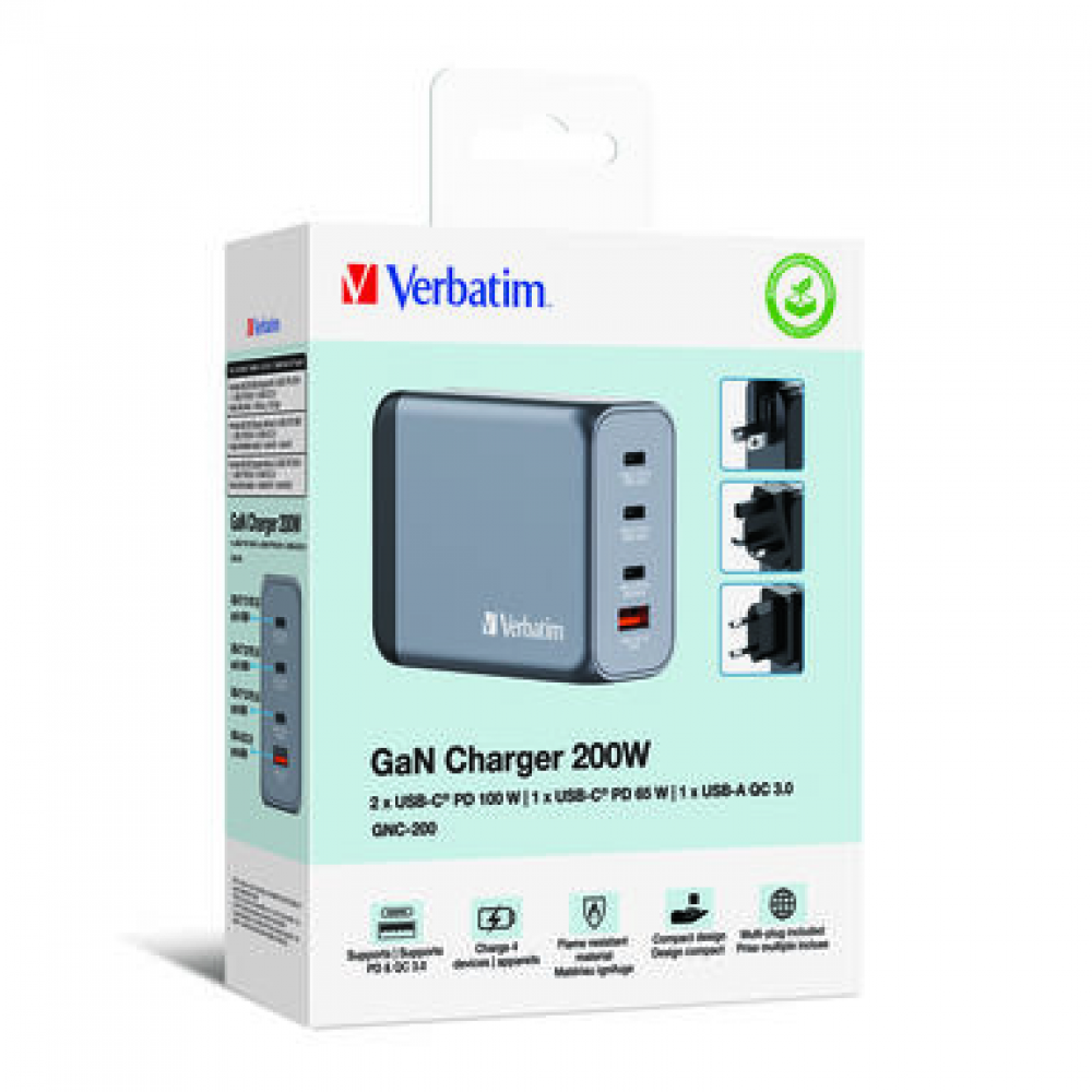 Verbatim GaN USB-A και 3 Θύρες USB-C 200W Power Delivery / Quick Charge 3.0 Gray 