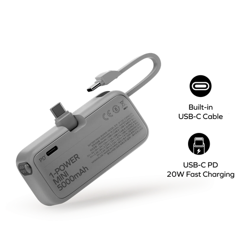 1-Power Mini 3-in-1 Power Bank 5000mAh USB-C Azure Blue