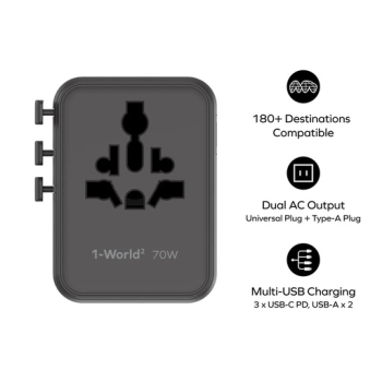 1-World² 5-Port Mini Universal Travel GaN Charger 70W with Dual AC Black