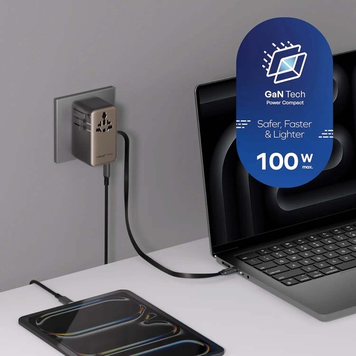 1-World²⁺ 4-Port Mini Universal Travel GaN Charger with Built-In Retractable Cable 100W with Dual A 1-World²⁺ 4-Port Mini Universal Travel GaN Charger with Built-In Retractable Cable 100W with Dual A