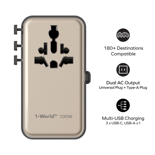 1-World²⁺ 4-Port Mini Universal Travel GaN Charger with Built-In Retractable Cable 100W with Dual A 1-World²⁺ 4-Port Mini Universal Travel GaN Charger with Built-In Retractable Cable 100W with Dual A