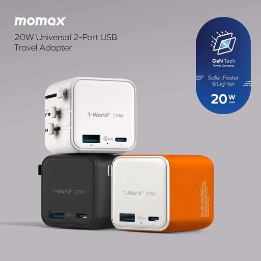 1-World² 2-Port USB-A and USB-C GaN Travel Charger 20W Black